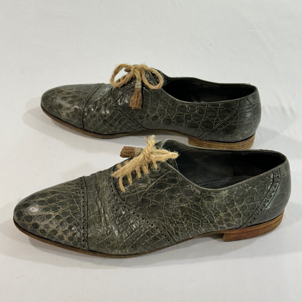 Mauri Alligator Skin Oxfords Mens 11 Grey-Green Tassel Lace Up | Italian Luxury